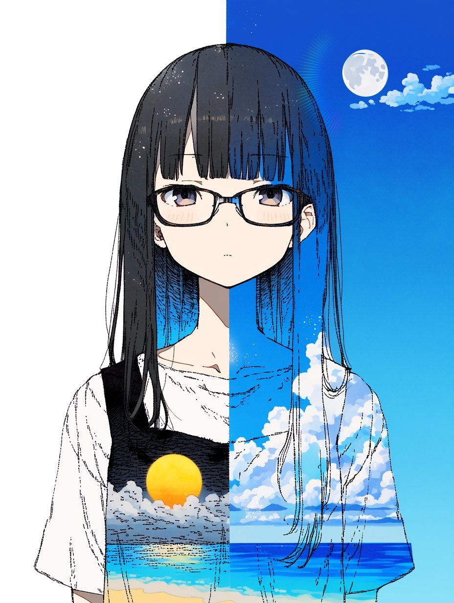 A surreal Japanese anime illustration of a black-haired girl divided into two contrasting worlds of sunrise seascape and moonlit night