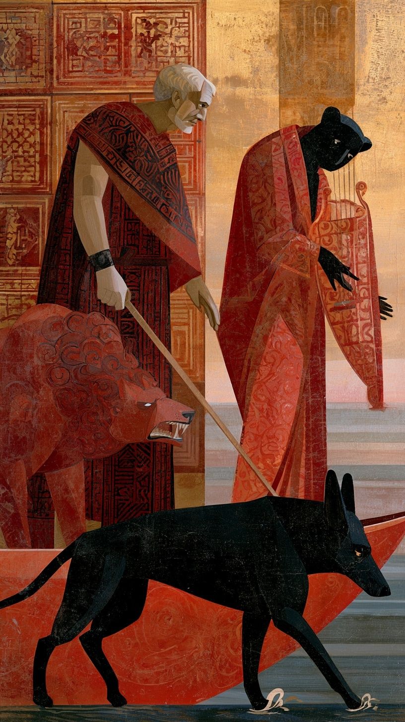 Orpheus enters the underworld and calms Cerberus with his lyre to board Charon's boat