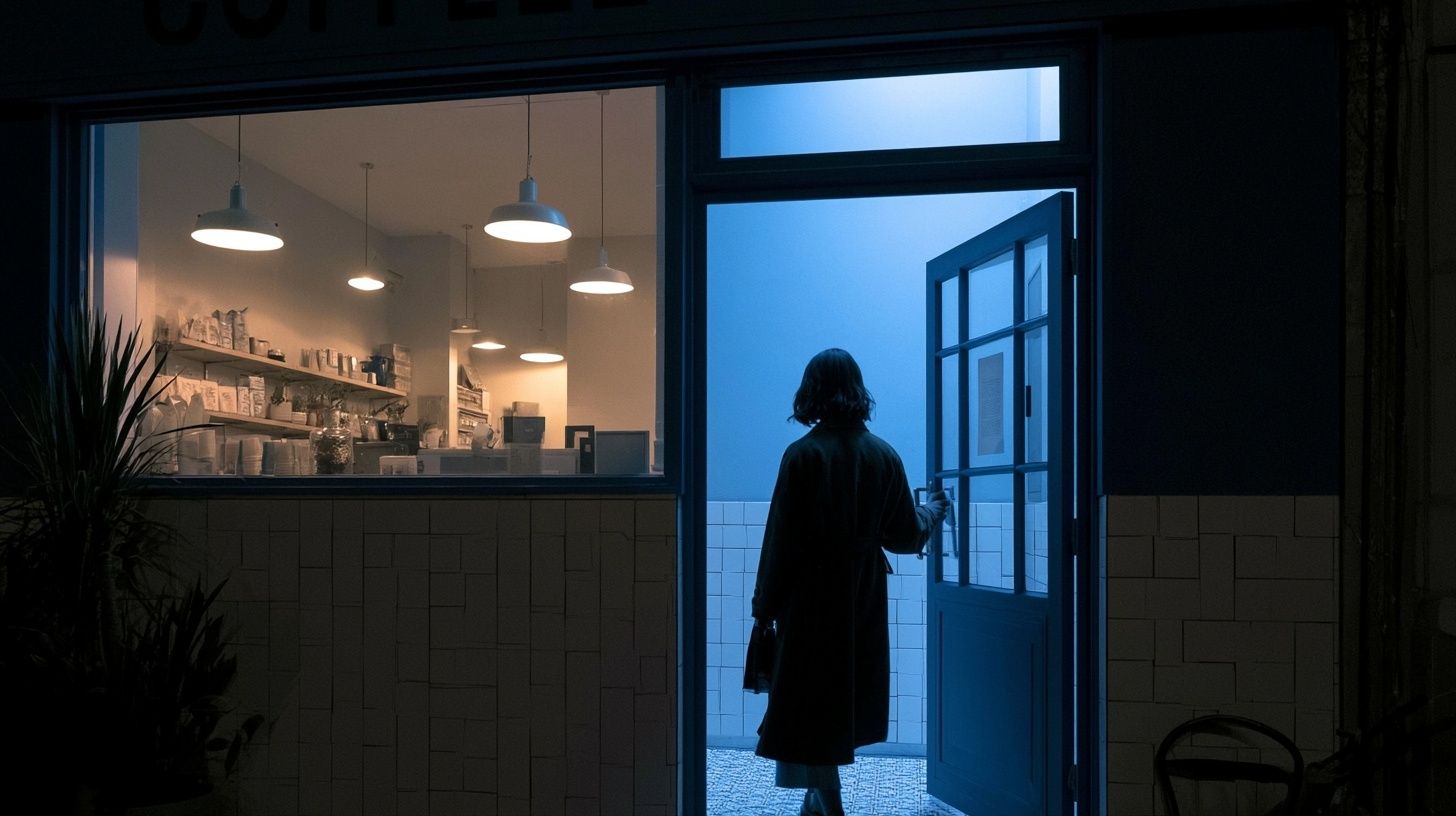 A woman enters a cozy cafe