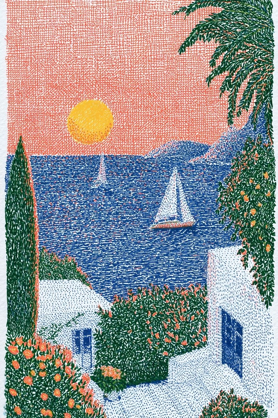 Colorful sailboats along the Greek coastline viewed from a secret garden with a sunset background