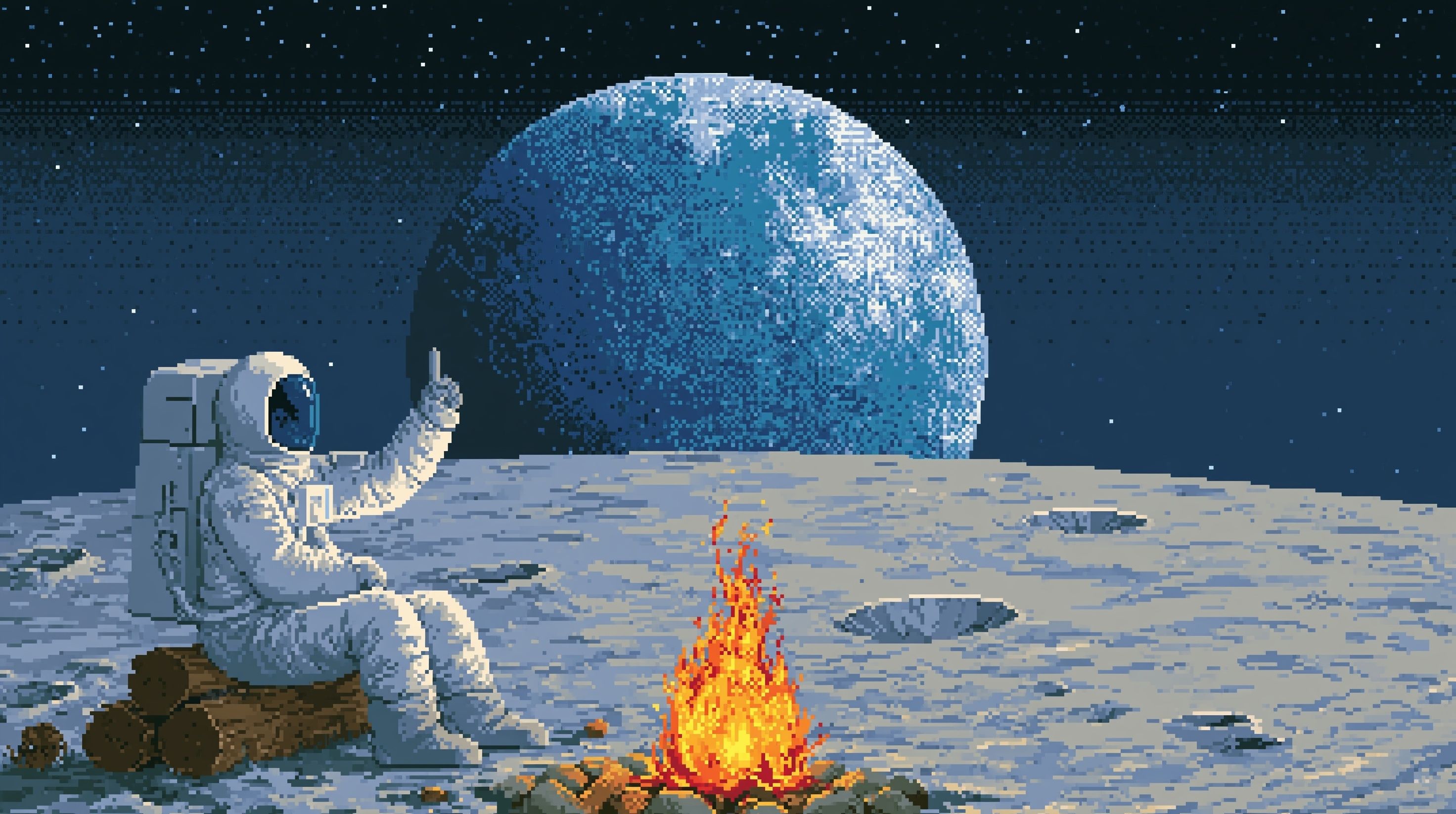 Un astronaute en pixel assis près d'un feu de camp sur la lune faisant coucou à la Terre