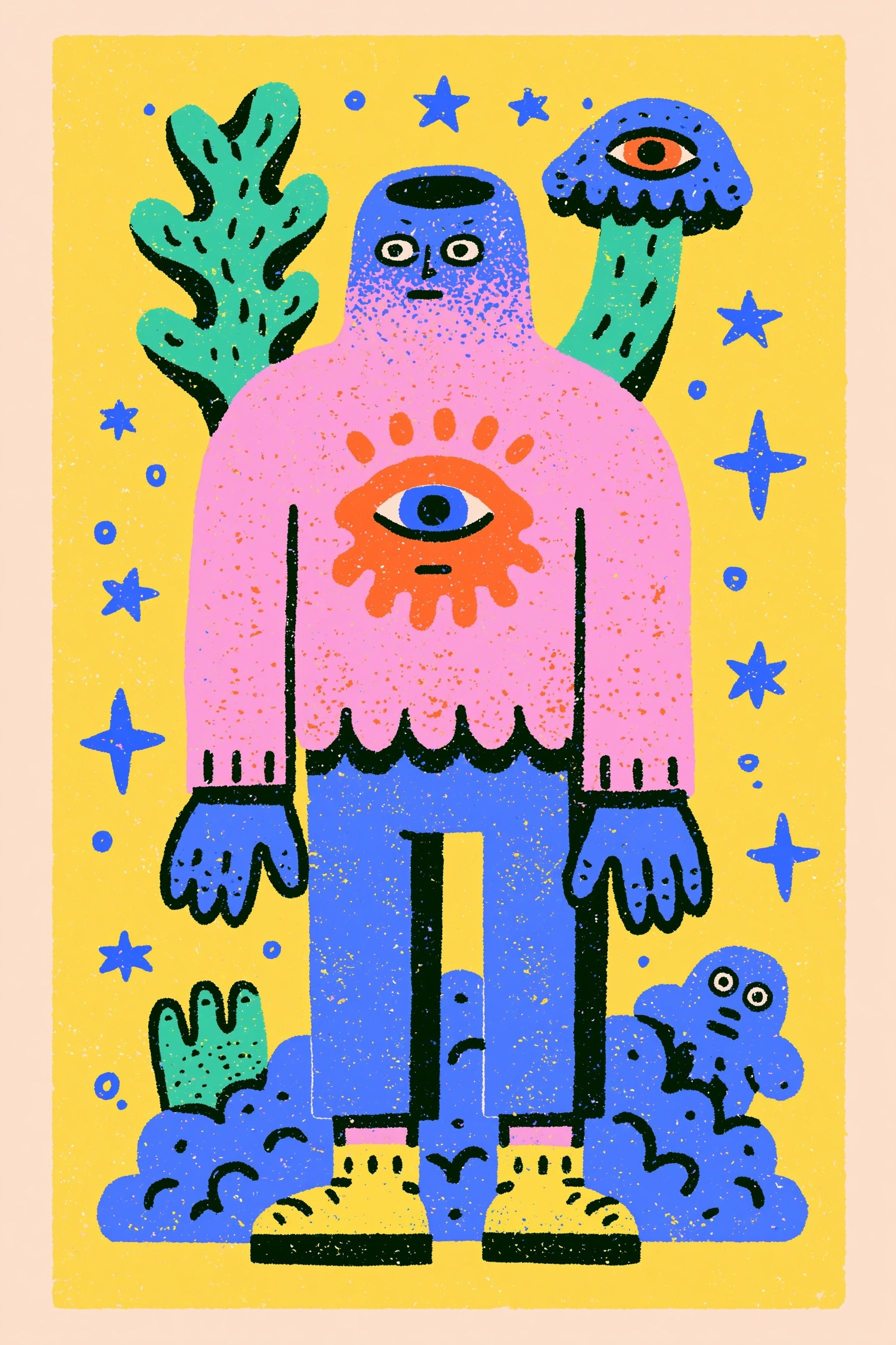 Ilustração de um personagem de fantasia desenhada à mão, com linhas exclusivas e cores suaves