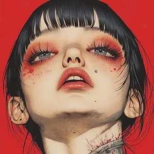 Une fille aux cheveux noirs et aux yeux rouges représentée de manière provocante dans l'illustration noire japonaise