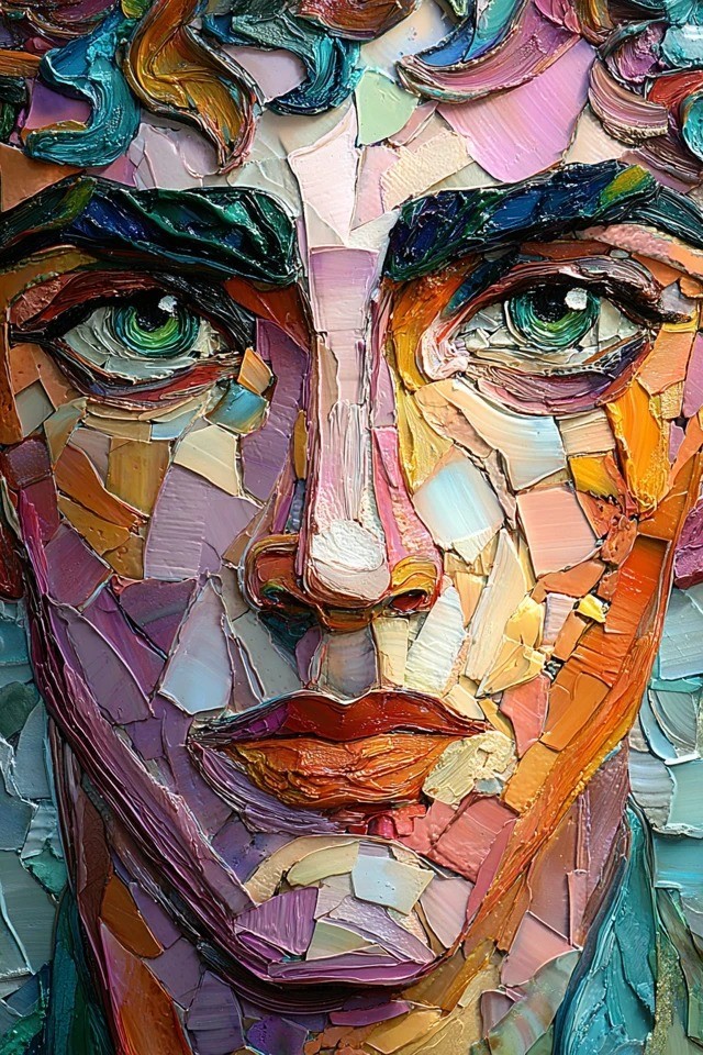Dicke Impasto-Ölmalerei zeigt lebendige, edelsteinfarbene geometrische Facetten