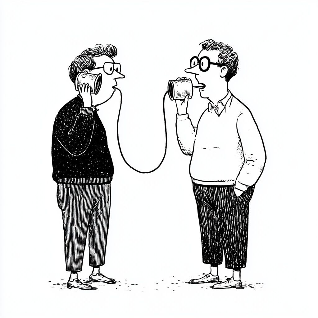 Two men are talking to each other through a tin-can phone