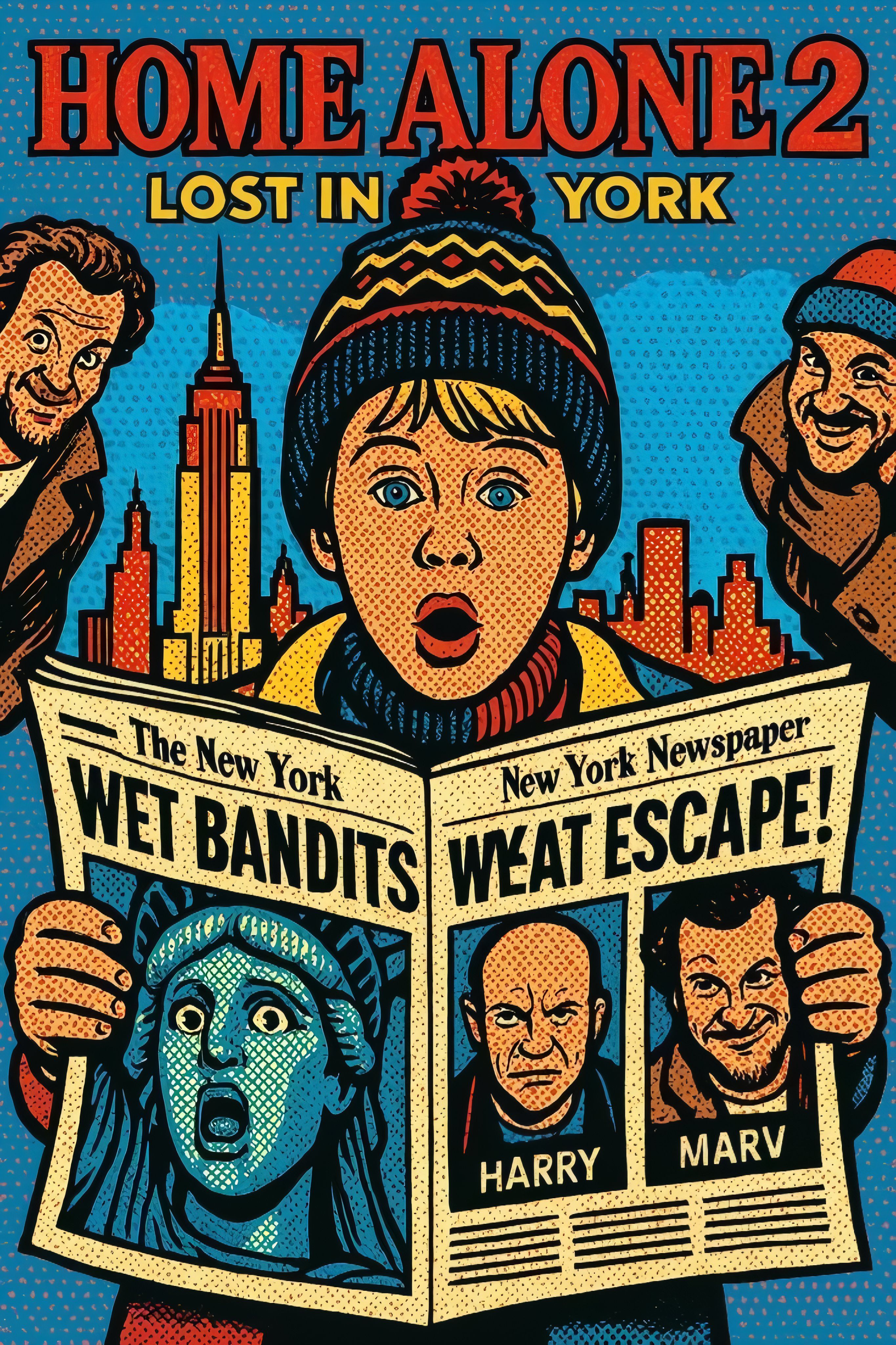 A pop art poster featuring a child in a winter hat holding a newspaper with a city skyline and the Empire State Building in the background