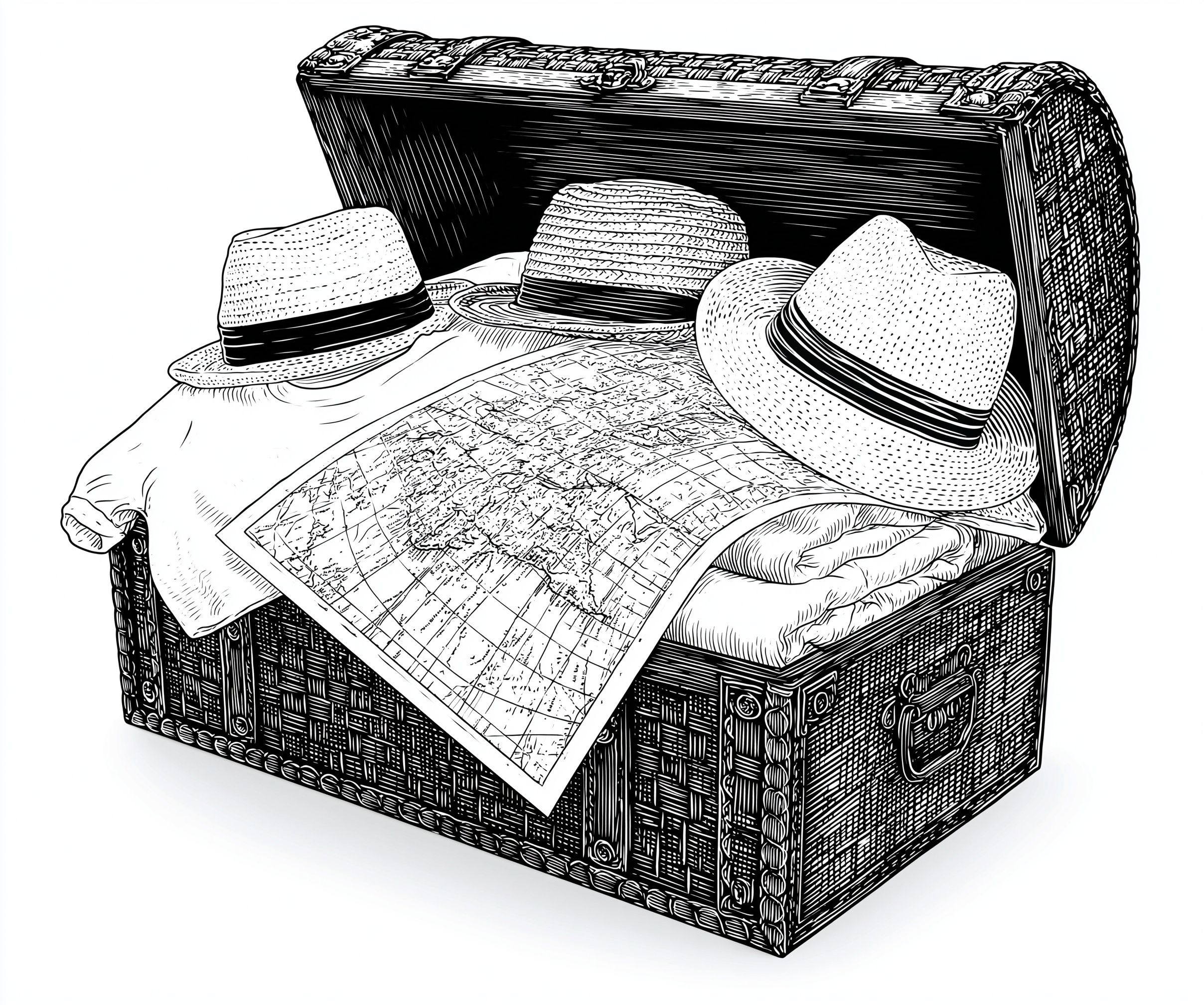 Open vintage travel trunk filled with maps, hats, and summer clothes