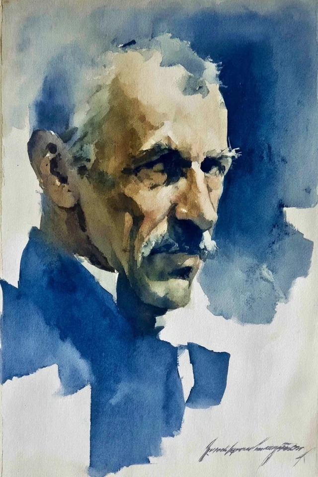 Loose watercolor washes in muted indigo and warm ochre are suitable for literary portraits and gallery exhibition posters