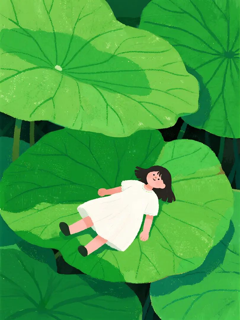 A minimalist illustration depicting a small girl in a white dress lying on a giant lotus leaf