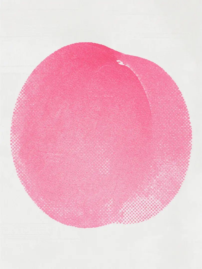 A pink peach showcases modern printing texture and freshness against a white background