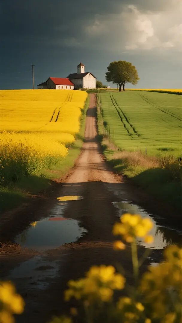 El paisaje campestre de primavera muestra el impresionante contraste entre los campos de trigo y las flores de colza
