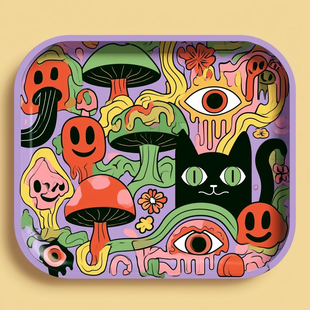 Psychedelic rolling tray illustration filled with cute elements and colors