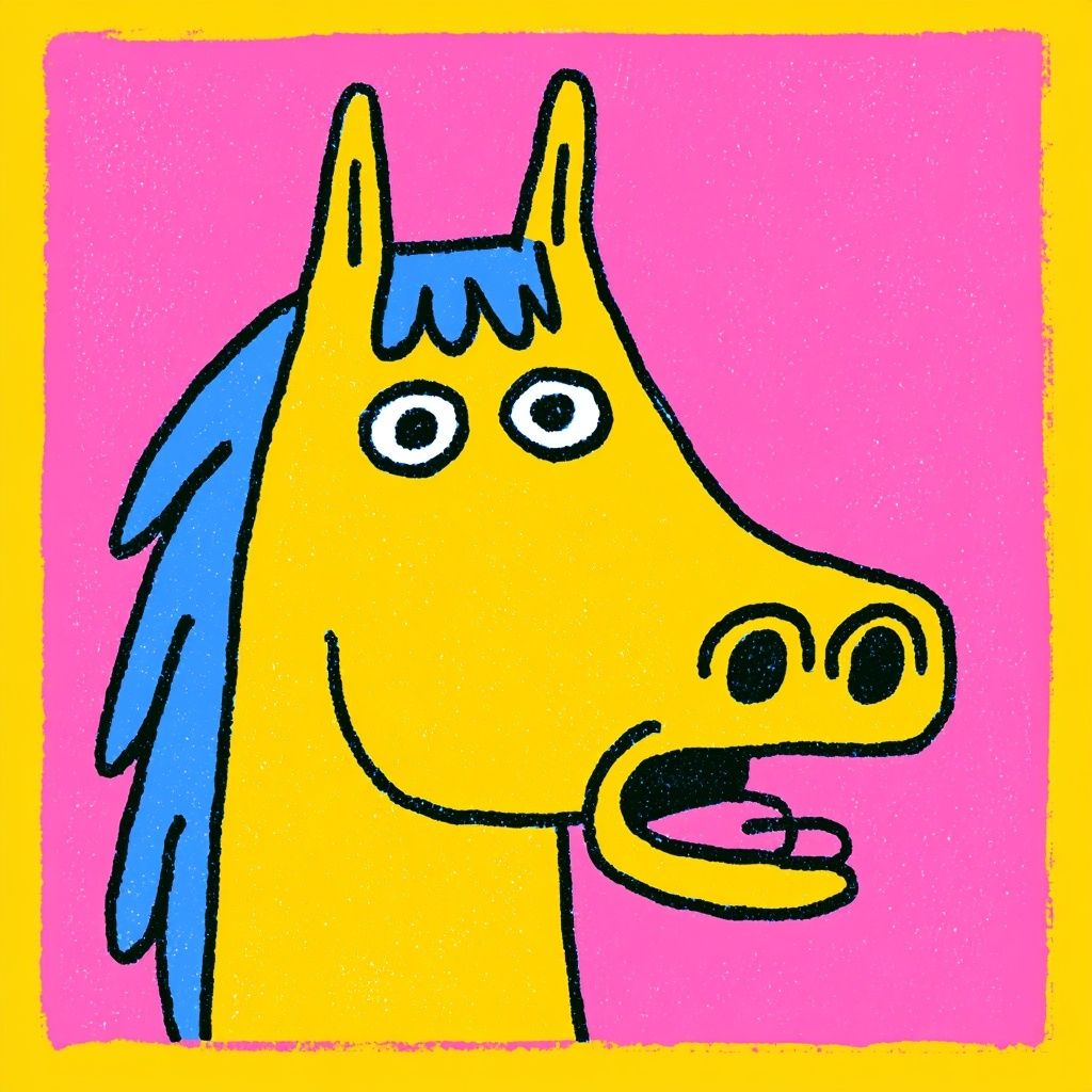A cute horse in children's book illustration, facing forward with an exaggerated open mouth