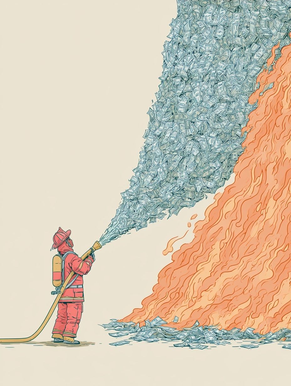 A firefighter sprays cash from a hose to put out a fire