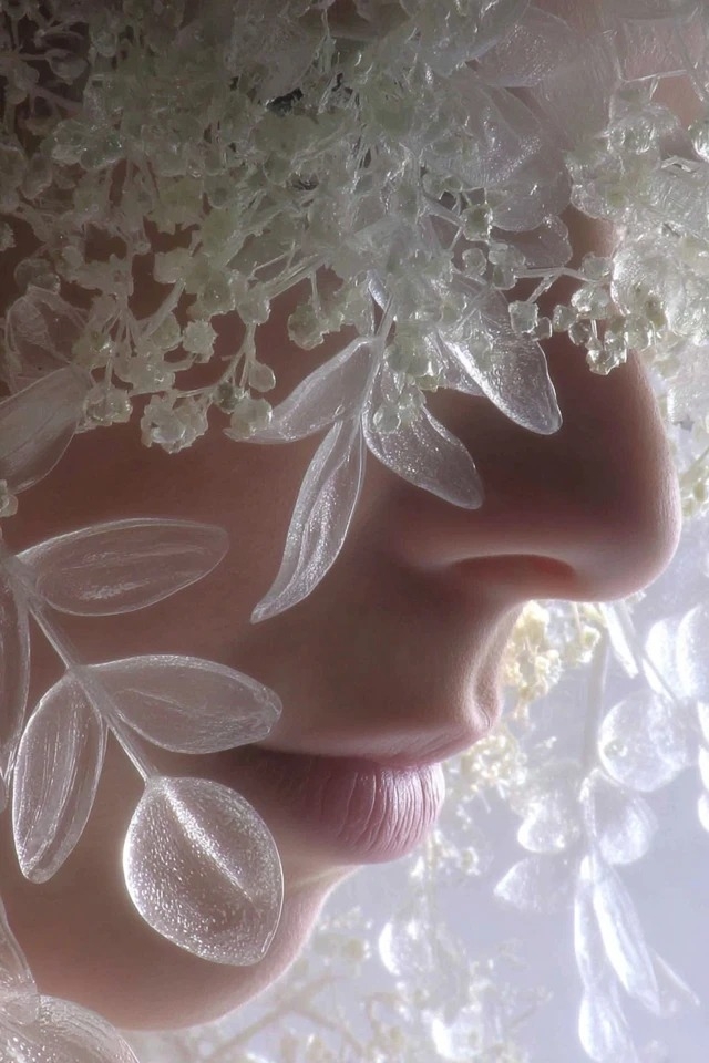 Soft-Focus-Romantik zeigt durchsichtige botanische Überlagerungen und perlweiße Töne