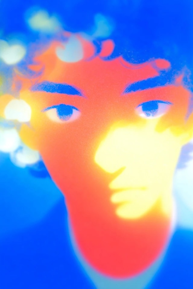 Esthétique d'imagerie thermique avec des dégradés de cobalt saturé et d'orange-jaune fondu, adaptée aux couvertures d'albums électroniques