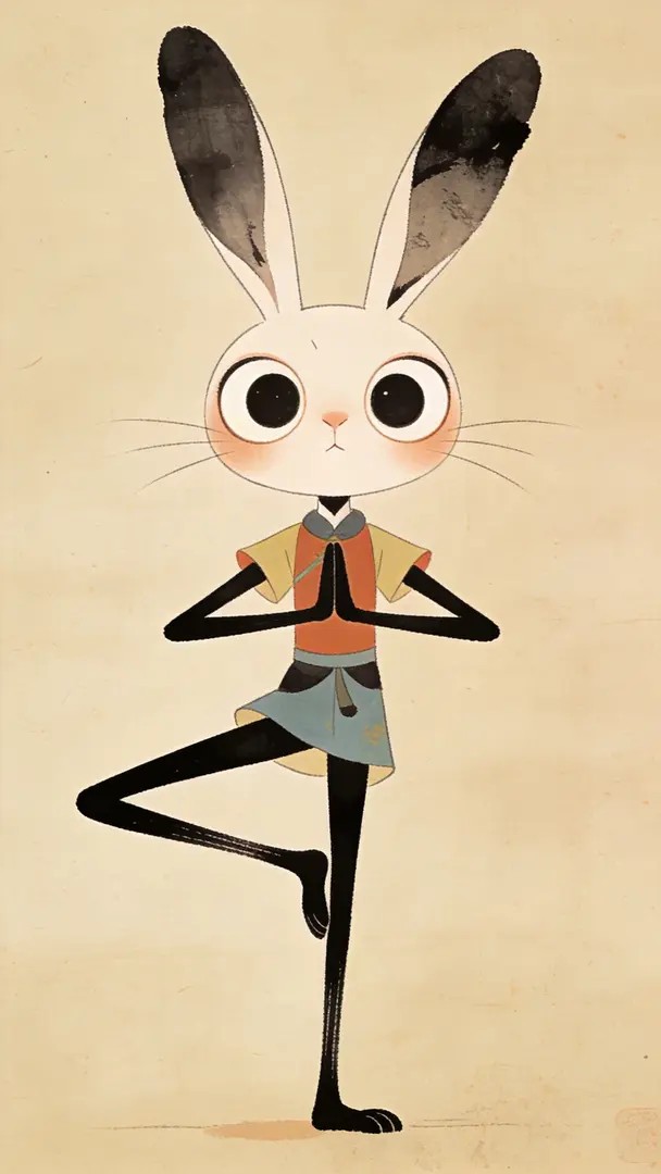 Un lapin faisant du yoga avec des mouvements et des expressions exagérées et drôles