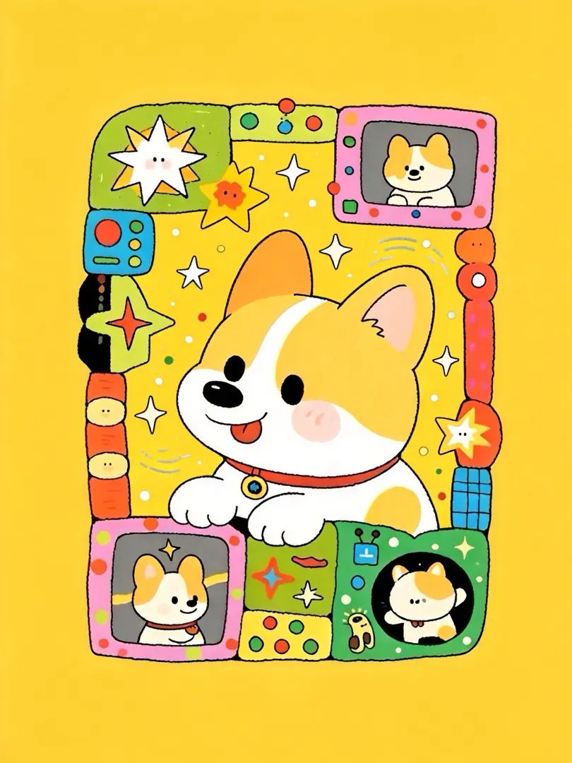 Un corgi con collar rojo está sobre un bloque colorido