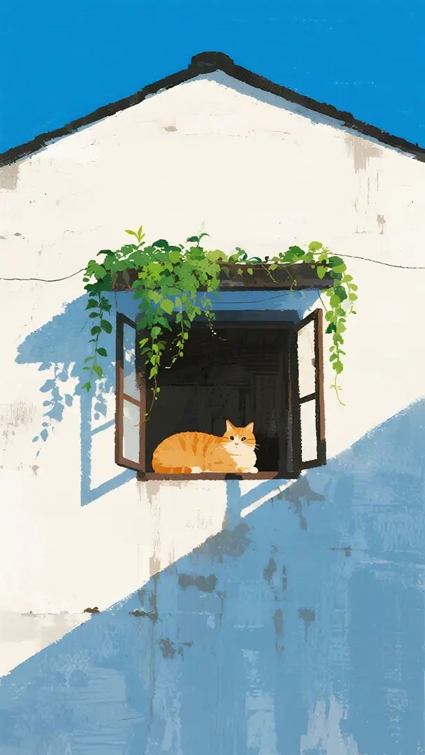The illustration depicts a scene with a window, green plants, and a lazy orange cat