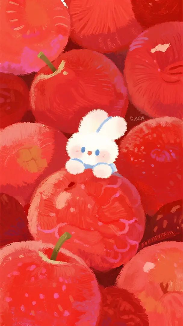Illustration features stacked red fruits with a white rabbit in the center