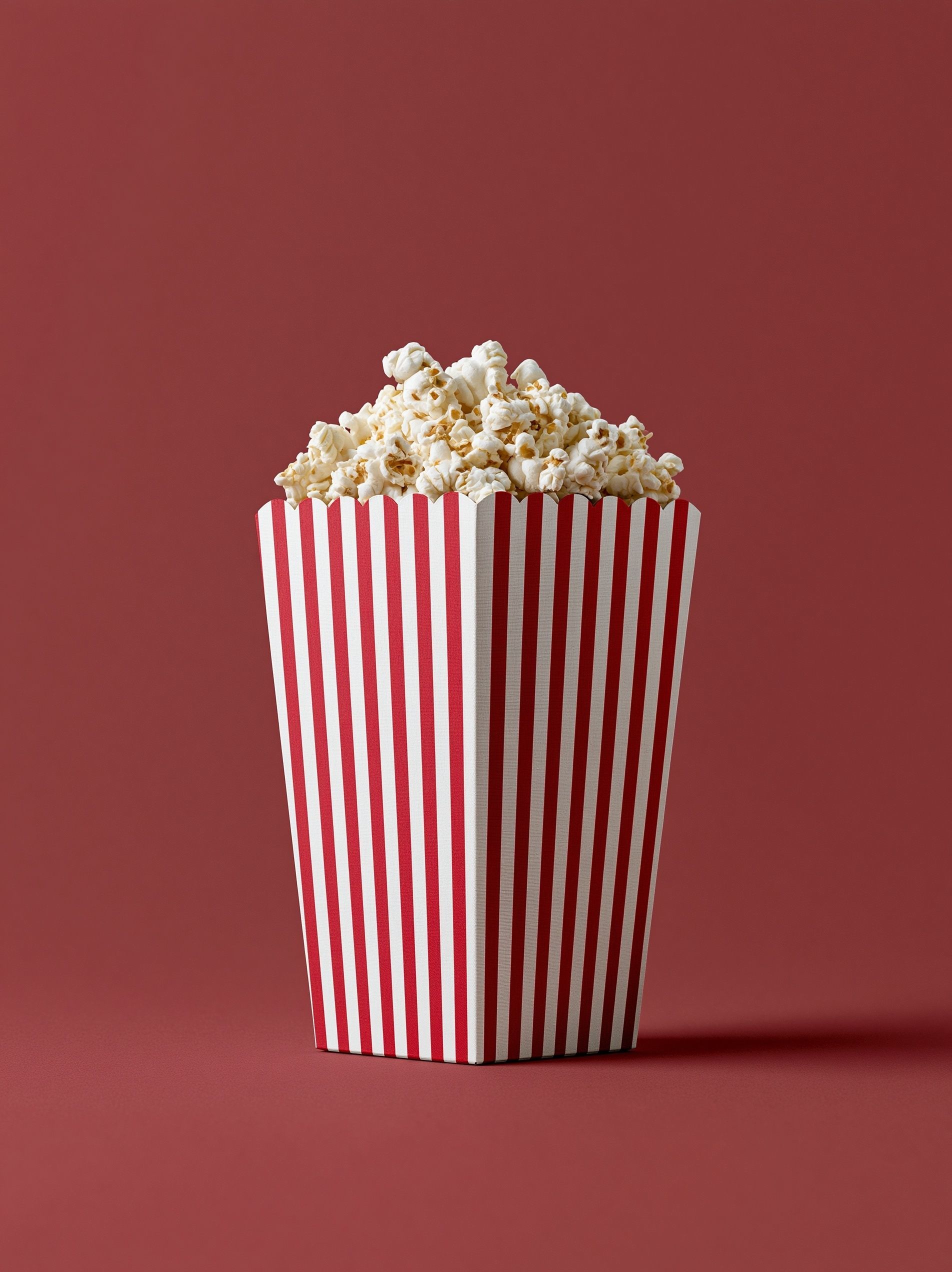 A classic red and white striped box full of popcorn