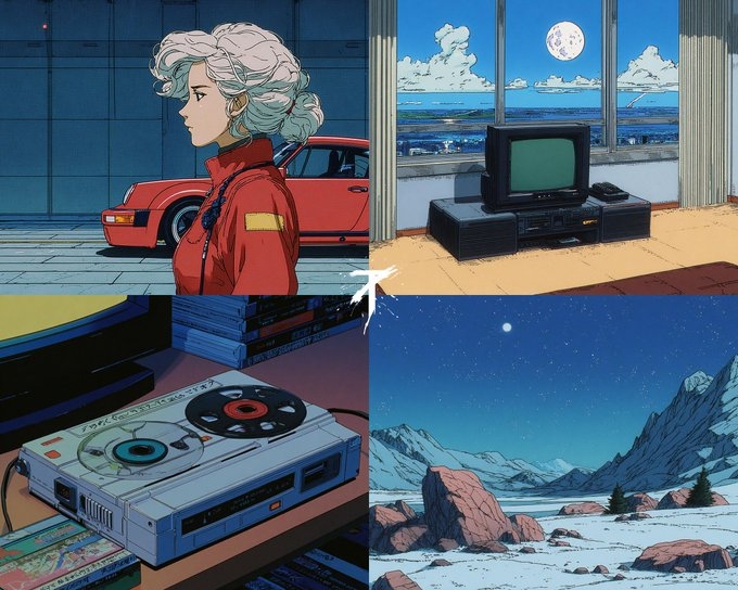 Das retro-futuristische Quadtrych zeigt einen Anime-Stil der 1980er-Jahre