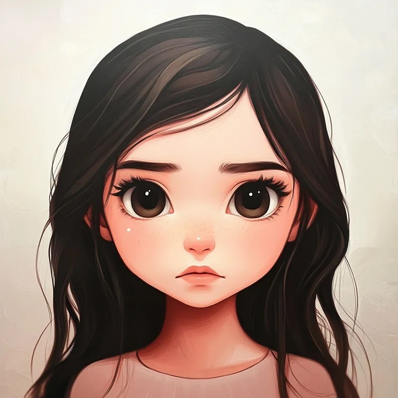 El retrato en estilo de ilustración semi-realista enfatiza los grandes ojos y la delicada textura de la piel