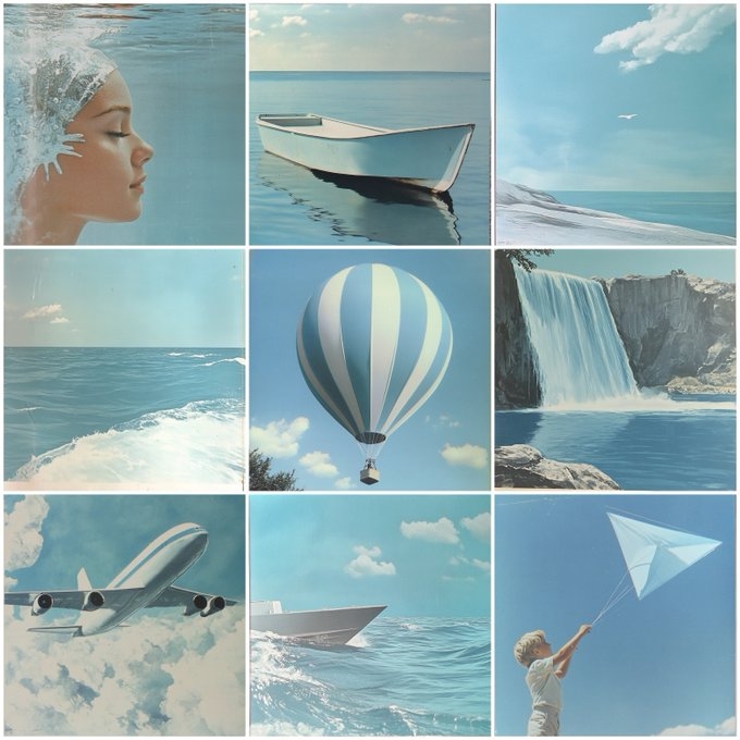 Nine panels showcase a retro-futuristic travel photography aesthetic