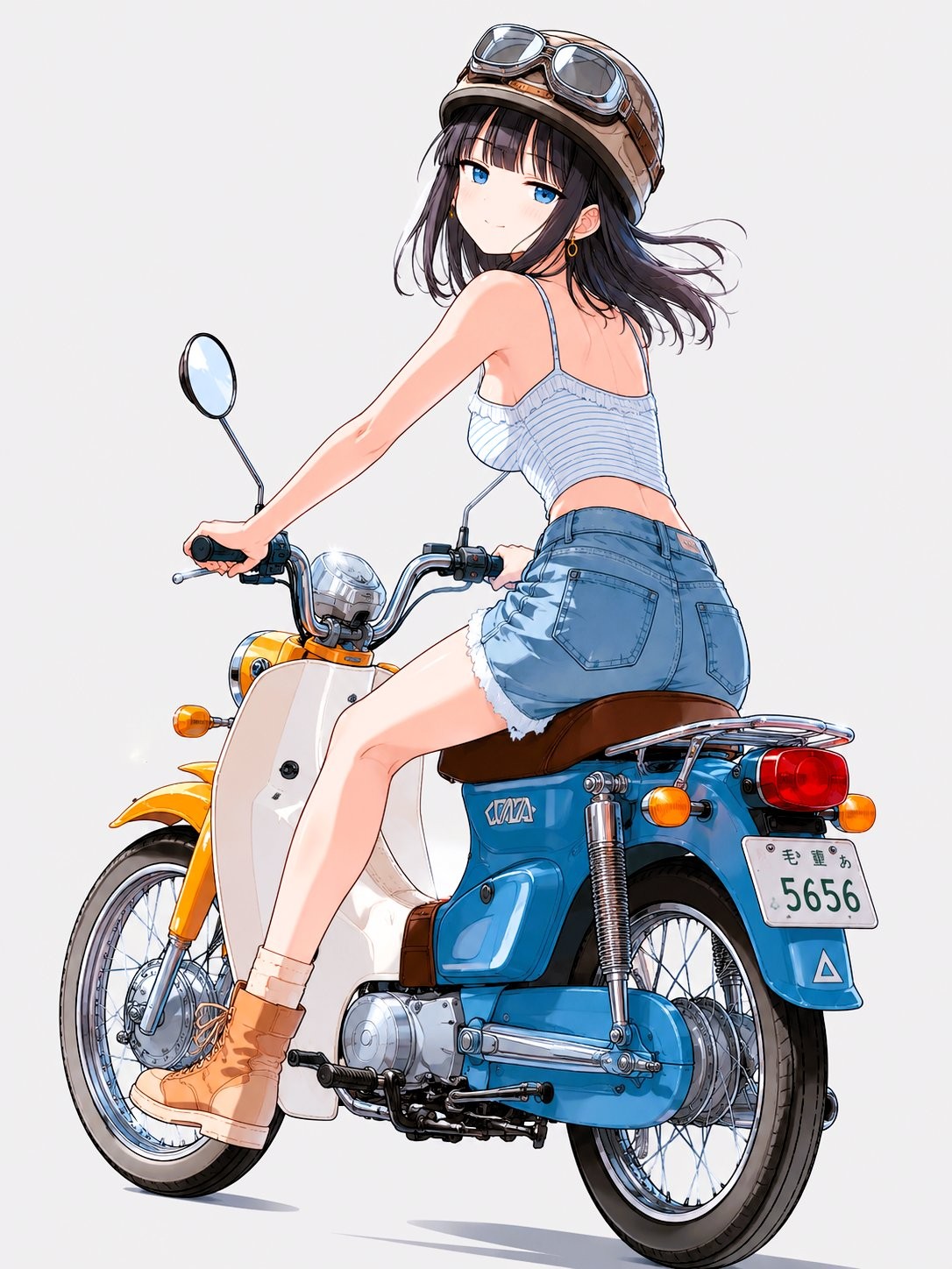 一幅现代动漫风格插画，描绘角色骑着复古本田超级小熊摩托车