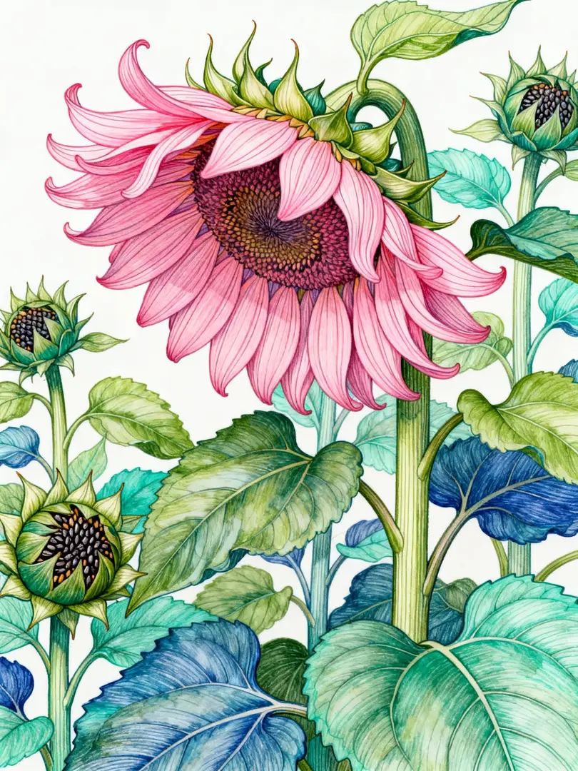 这是一幅粉色向日葵的超现实工笔水彩插画