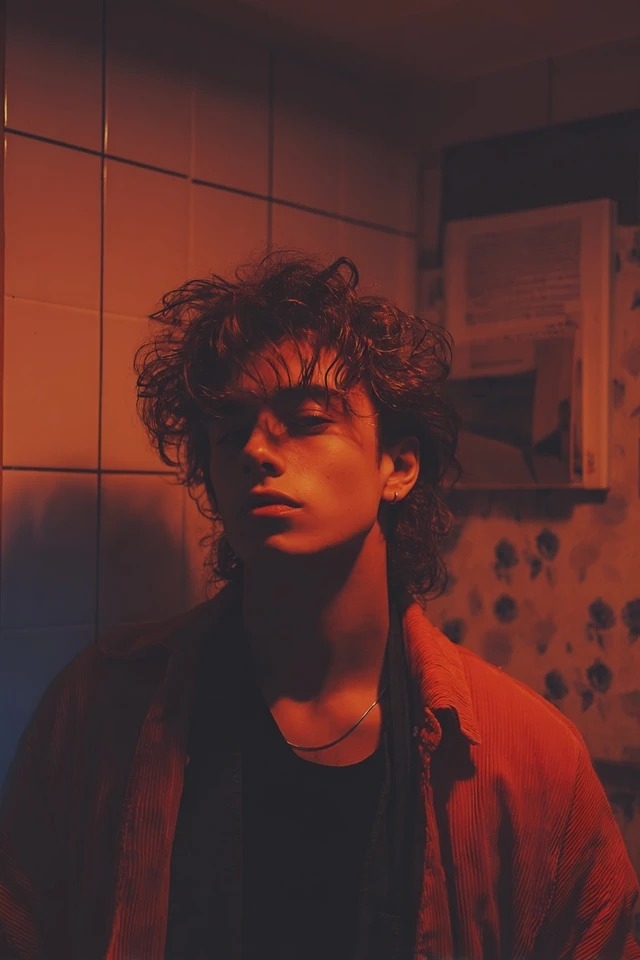 Ein filmisches Porträt in warmen Bernsteintönen und tiefem Karmesin, geeignet für Poster psychologischer Thriller