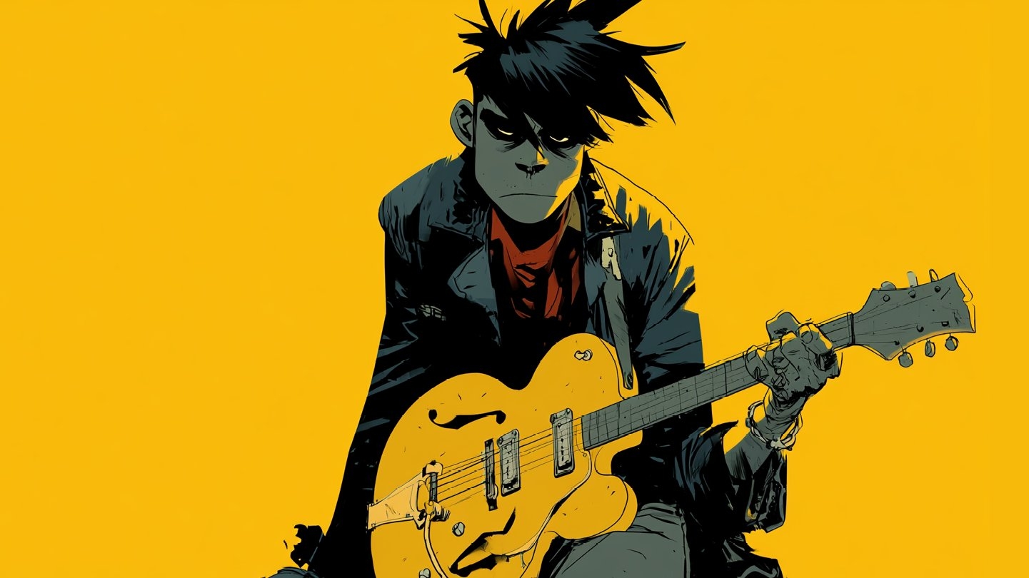 A pissed off guy in a big black jacket and red shirt holding a weird guitar with messy hair
