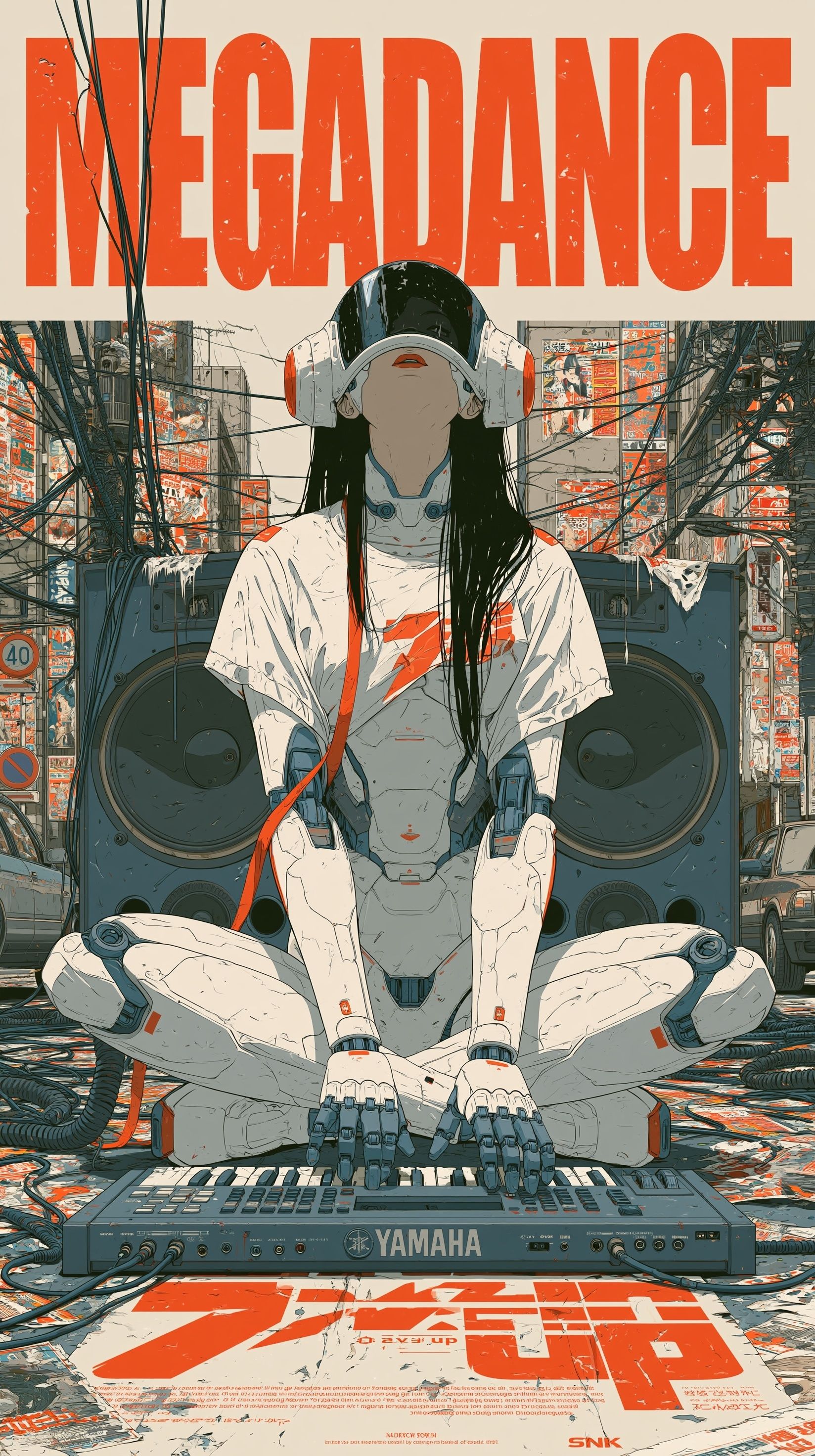A cyber robot girl playing a synthesizer in the streets of Tokyo