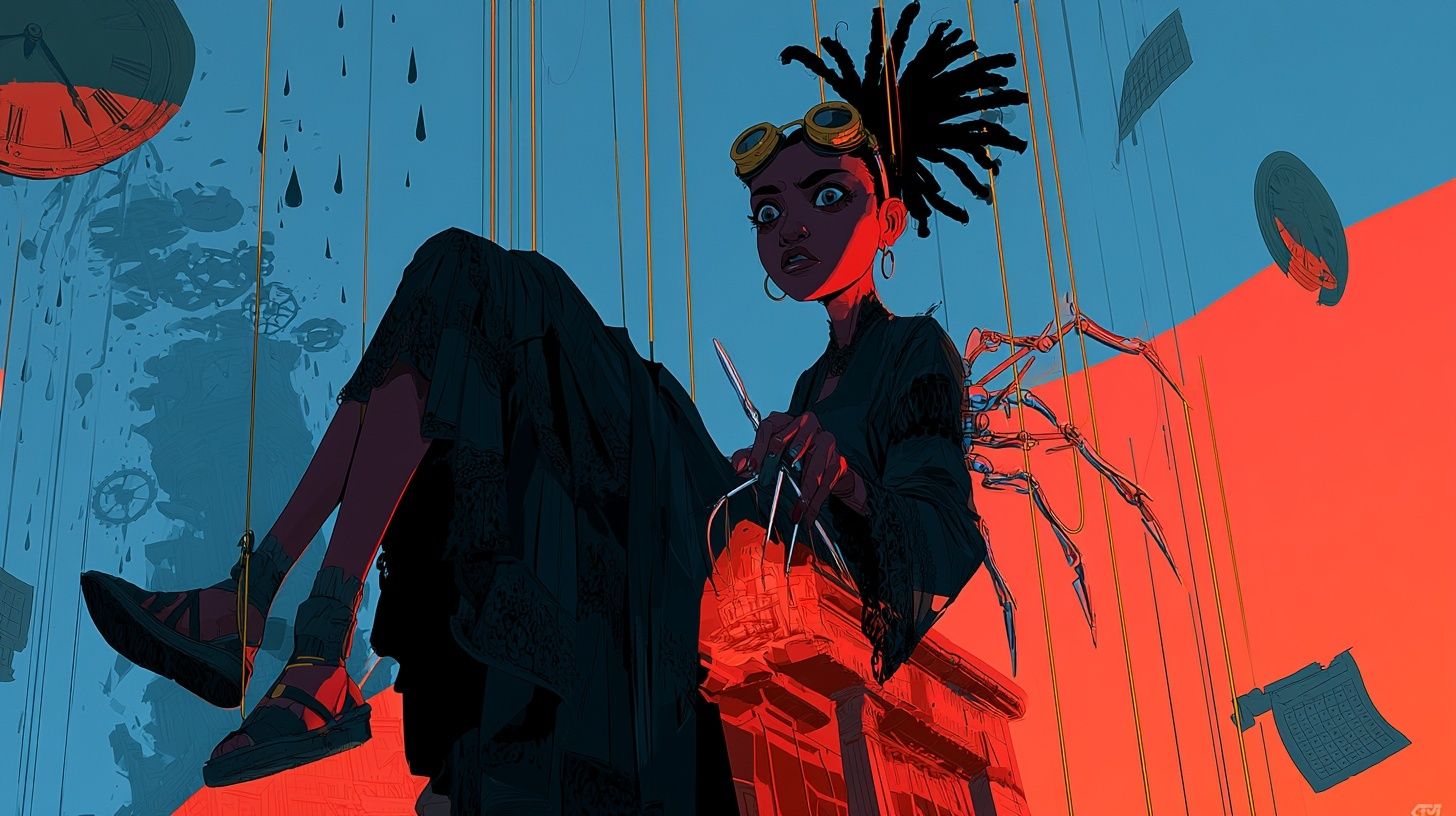 A young Clock-Spider Seamstress focuses on stitching a vanishing village inside a shattered clocktower