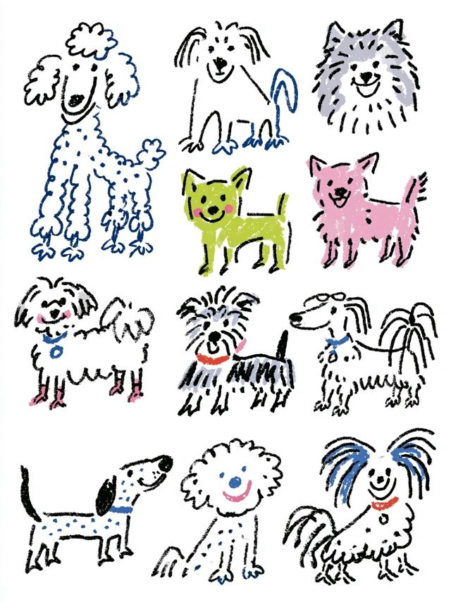 Une illustration présentant 9 races différentes de petits chiens souriants