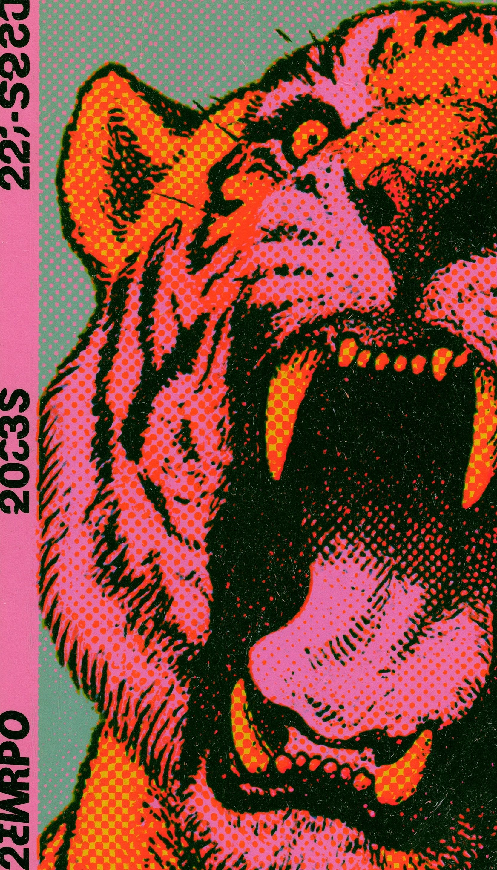 This is an 80s style poster featuring an orange and black tiger with a faded green background