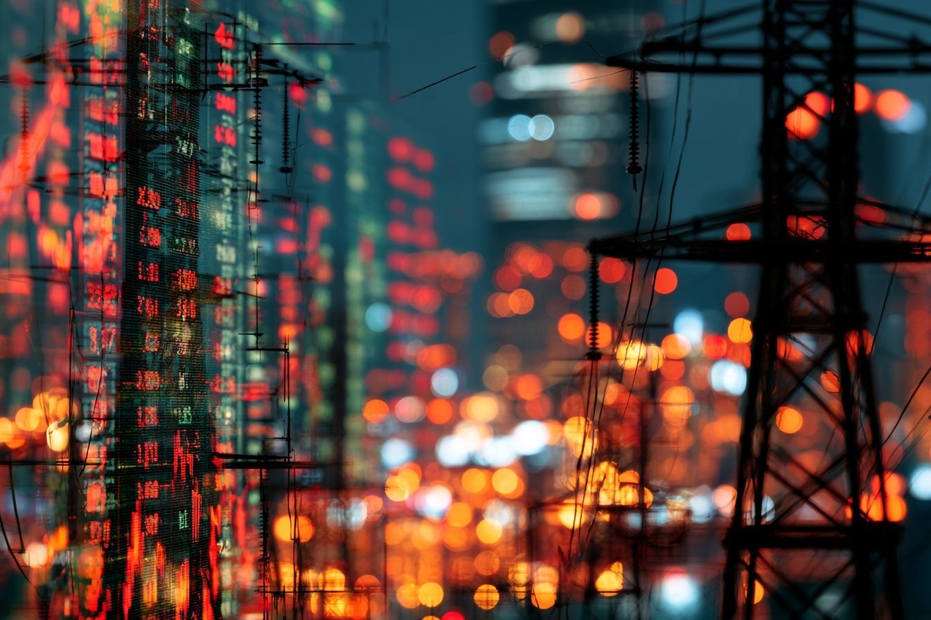 An abstract illustration merging energy and finance featuring dark electricity transmission towers alongside glowing digital stock market readouts and graphs set against a soft cityscape backdrop at night