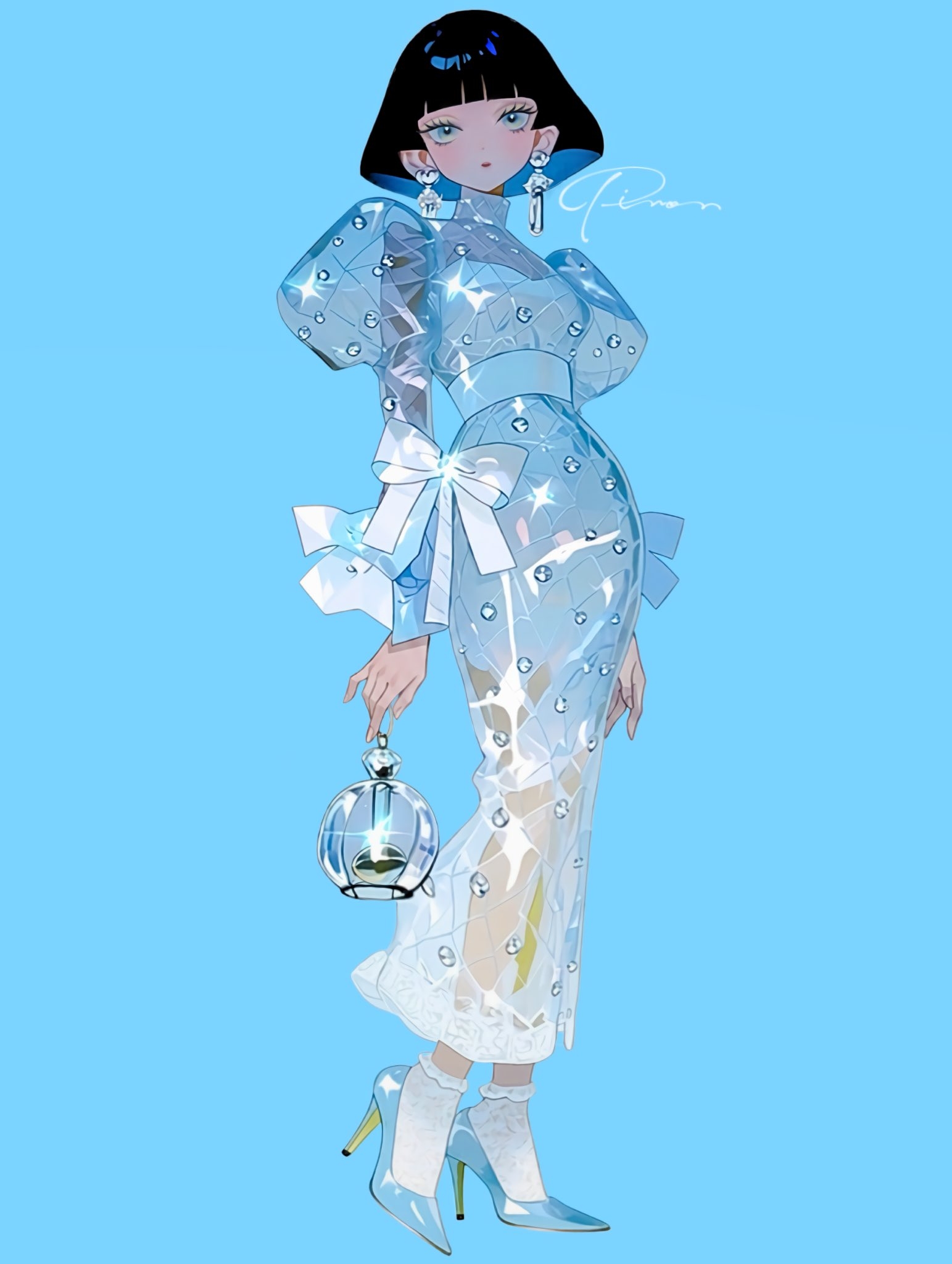 新艺术装饰风格的冰晶网格礼服展现出优雅的线条和对比色彩