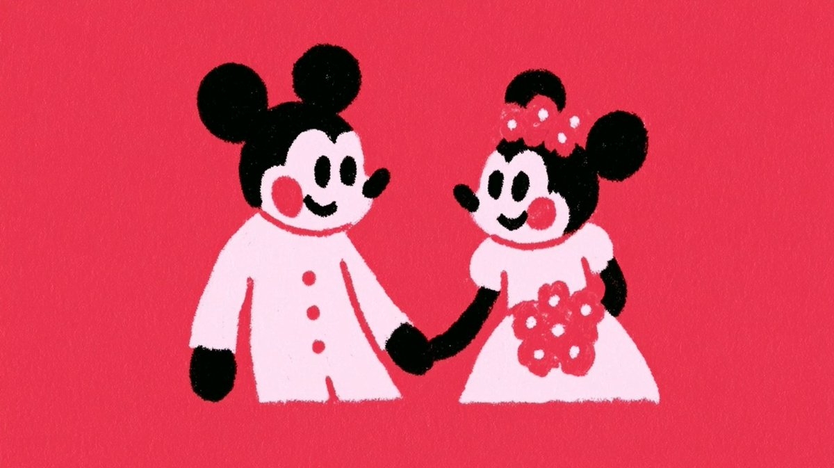 Dois personagens de desenho animado de mãos dadas contra um fundo vermelho
