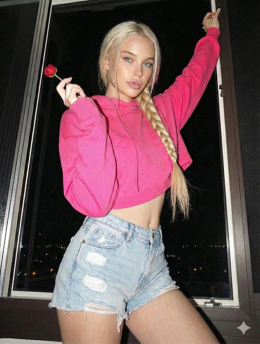 Une femme de 20 ans blonde portant un sweat rose tenant une rose rouge