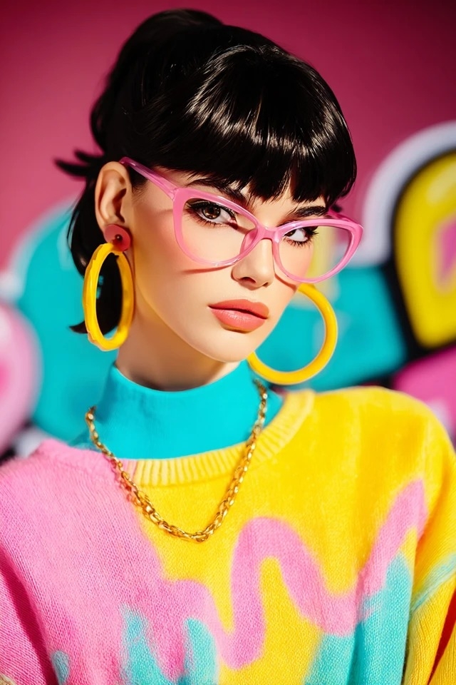Esthétique pop inspirée des années 80 avec des couleurs vives comme le rose vif, le jaune électrique et le turquoise, adaptée aux éditoriaux de mode et à la publicité rétro