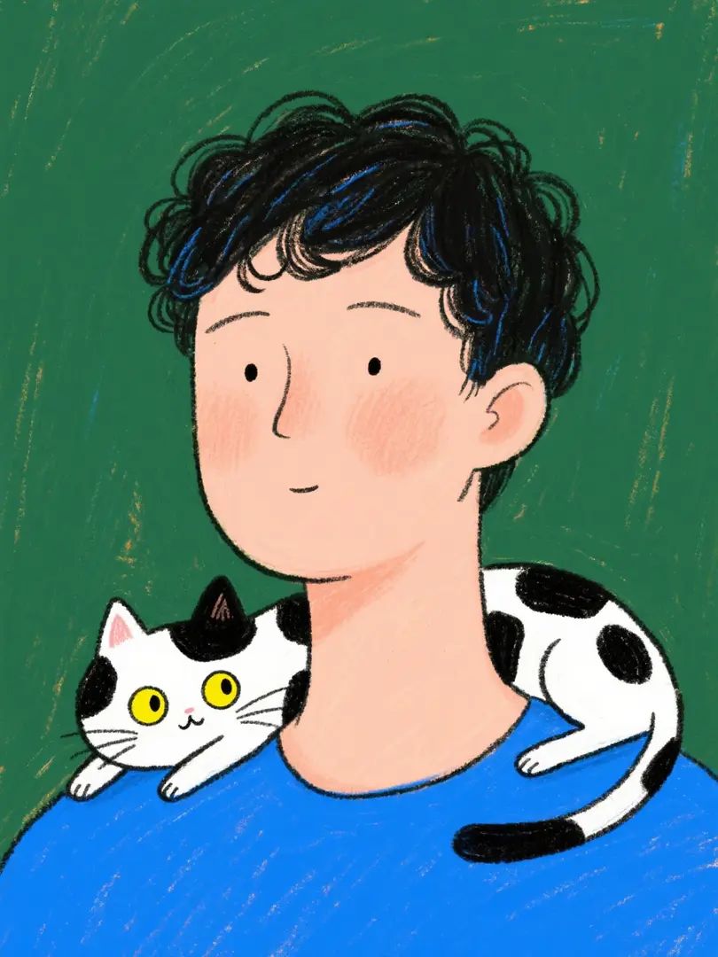 癒し系の落書きスタイルの男性の肖像画の横に白黒の牛猫がいる
