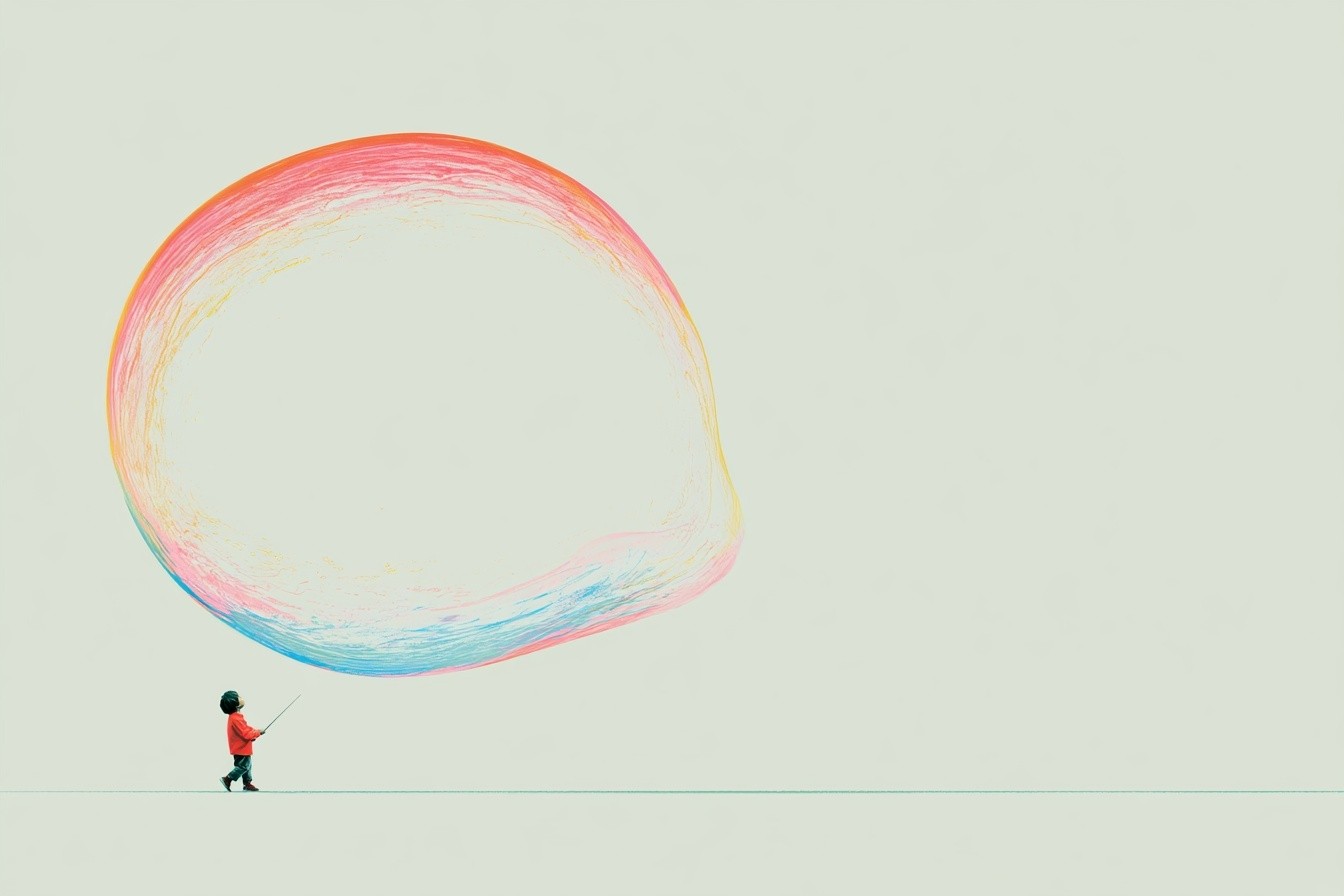 A child is breaking a big bubble with a needle