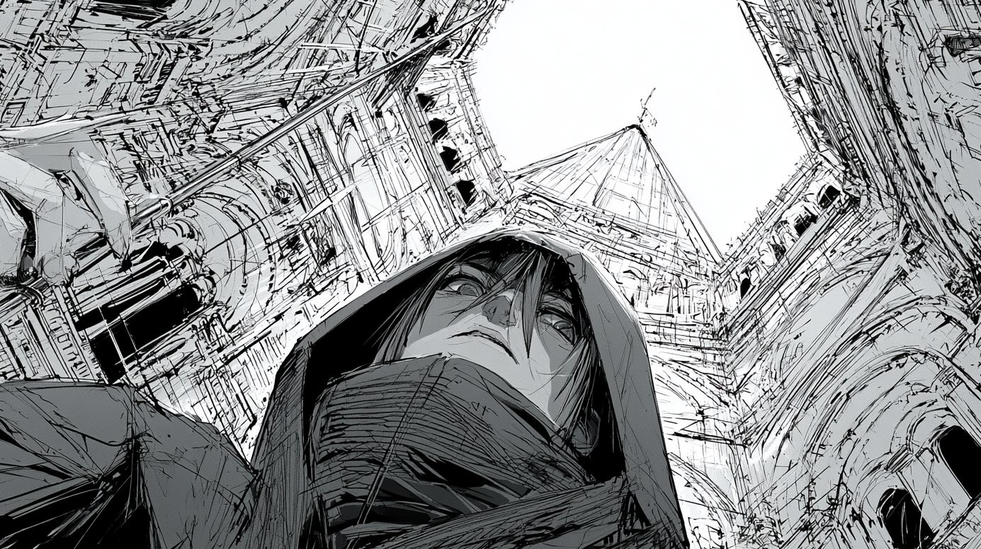 动态漫画风格的插图，具有强烈的建筑素描影响