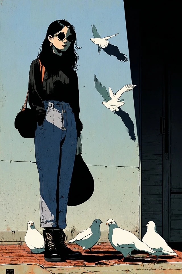 Retro comic style with muted blues and harsh shadows