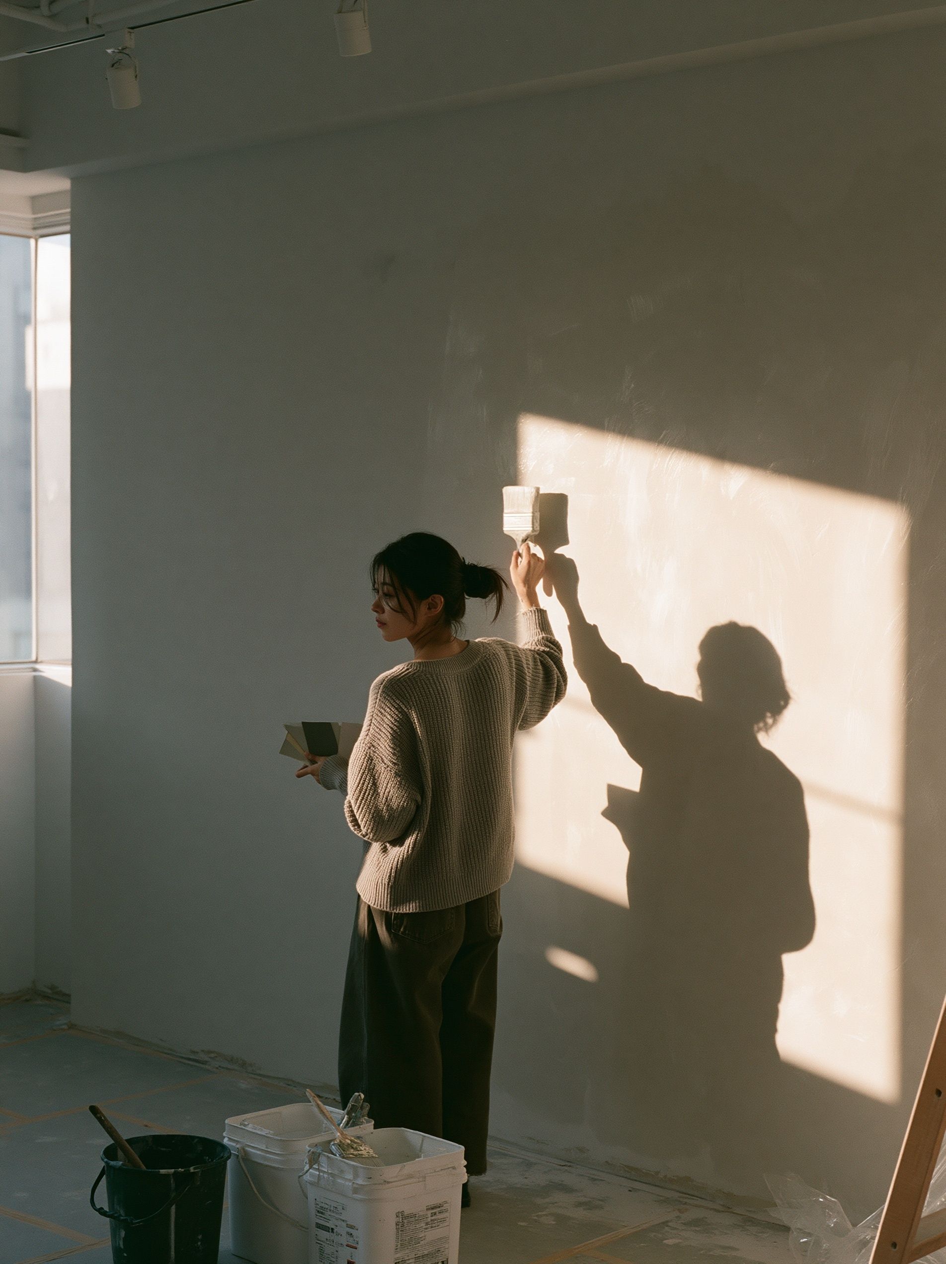 A Taiwanese interior designer in their 30s is comparing paint color swatches against a wall in an empty apartment