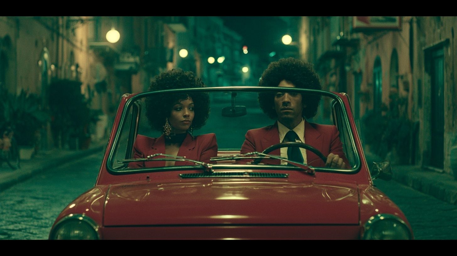 An Italian couple in colorful 1980s disco outfits is driving through a small coastal town at night with lights reflecting on the car