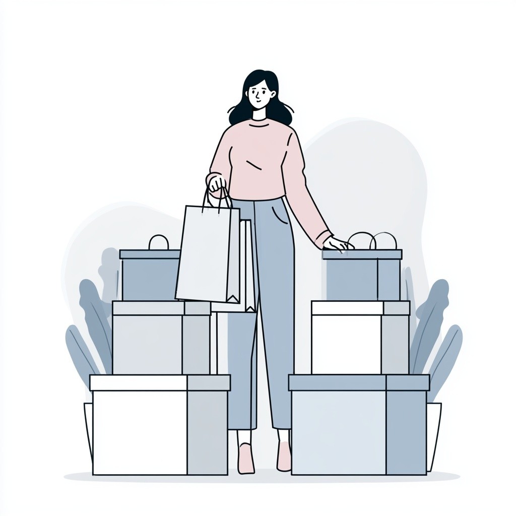 Женщина стоит между двумя кучами shopping bags, держа их