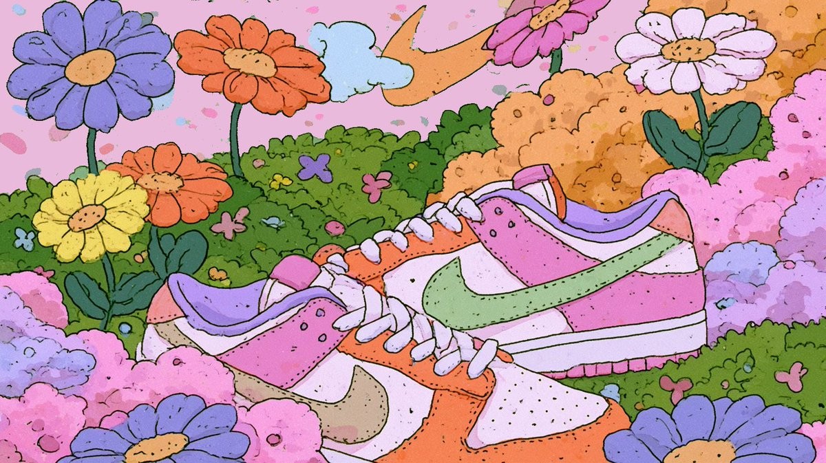 Cette illustration représente une paire emblématique de baskets basses dans un jardin fantastique