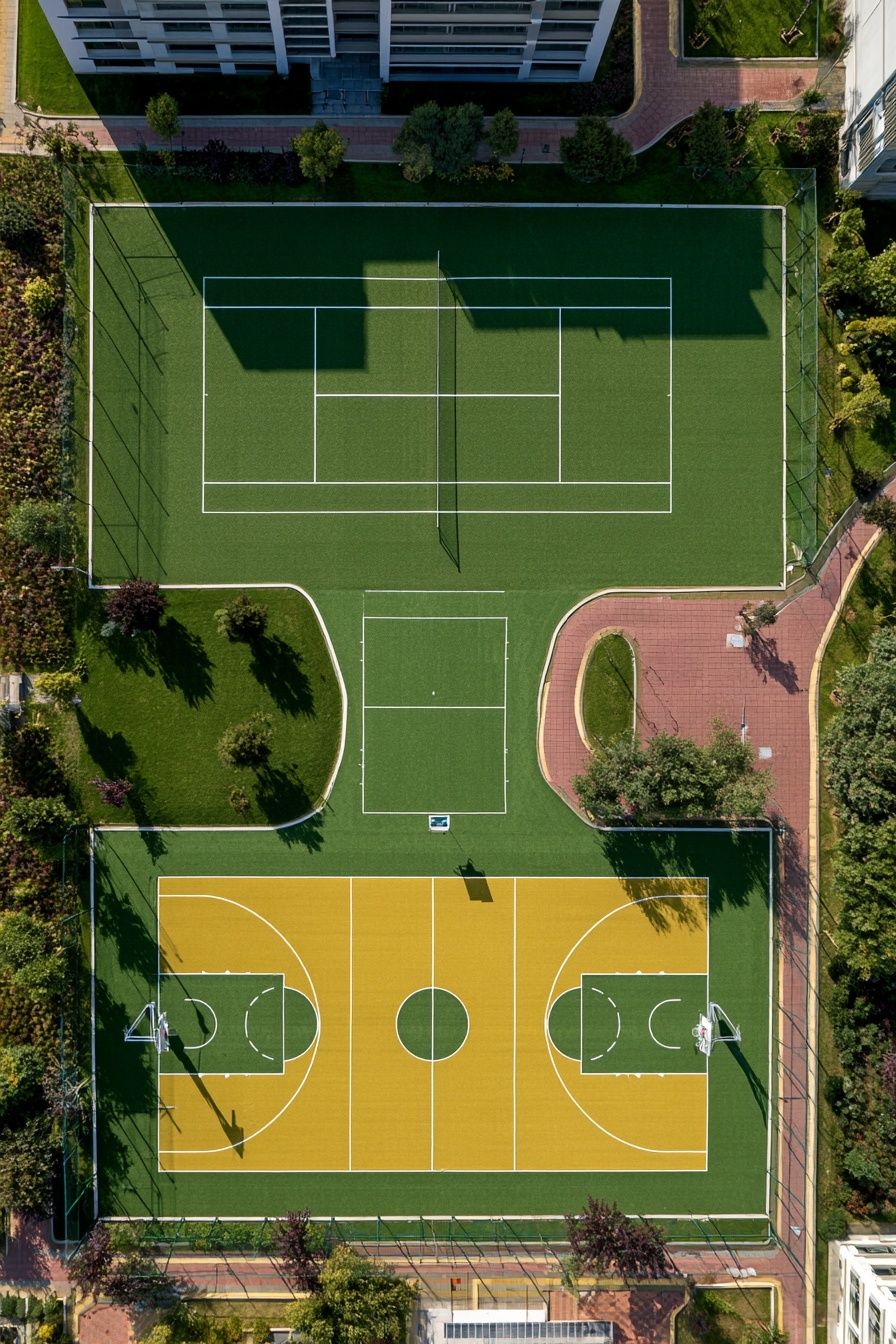 Premium outdoor multi-sport complex features full-size tennis and basketball courts